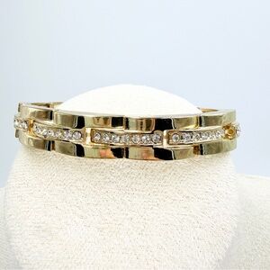 Vintage Gold Tone Rhinestone Stretch Bracelet Geometric Panel Design